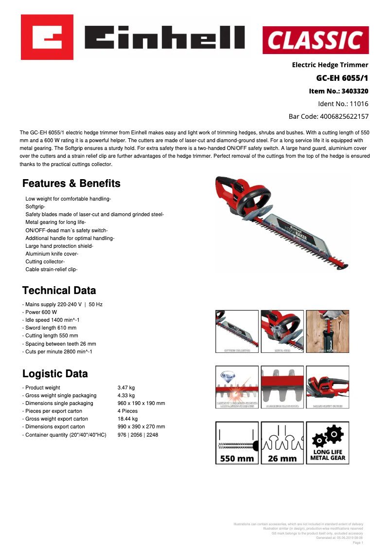 Page 1 de la notice Fiche technique Einhell GC-EH 6055/1