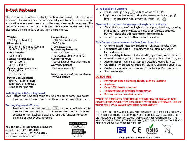 Page 1 de la notice Manuel utilisateur Man & Machine DCOOL/B5