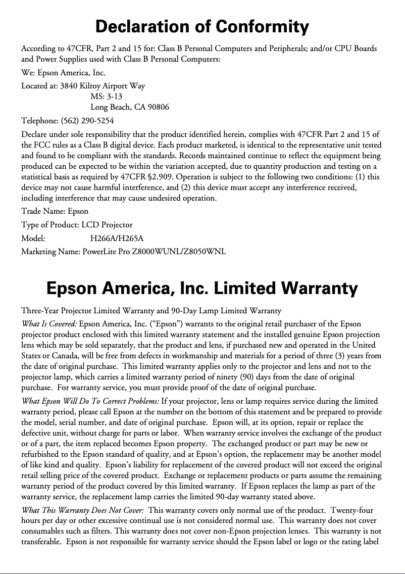 Página 1 del manual Información de garantía Epson PowerLite Pro Z8050WNL
