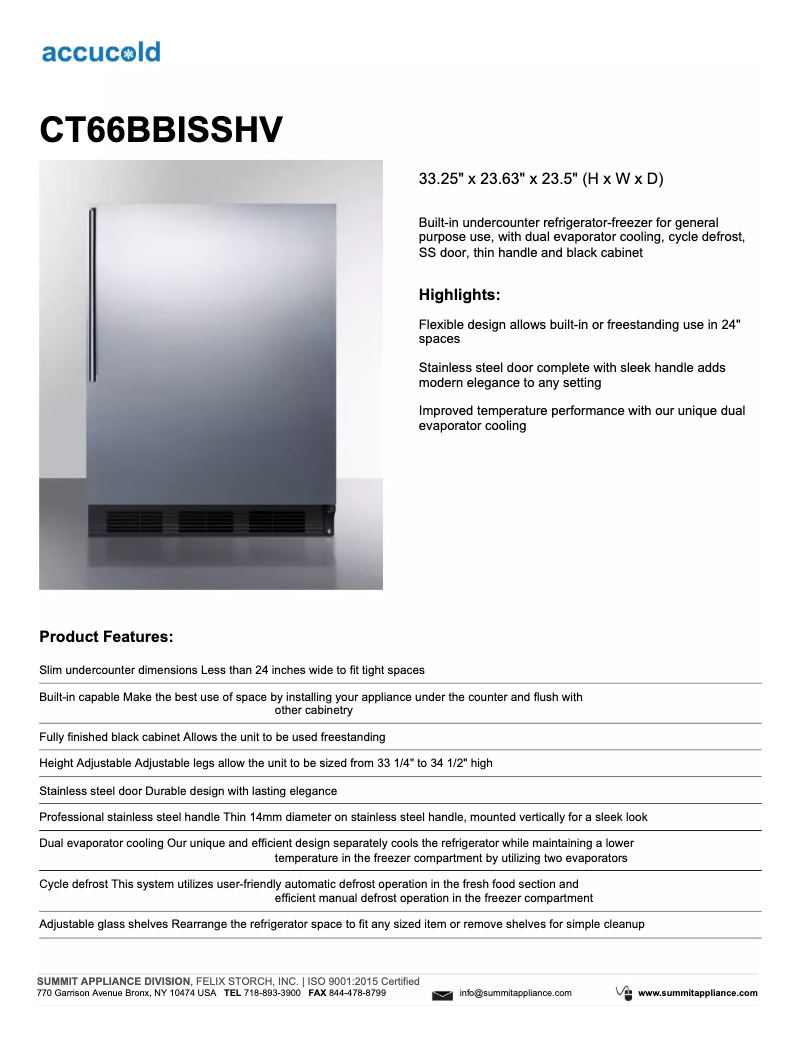 Page 1 de la notice Fiche technique Summit CT66BBIHV