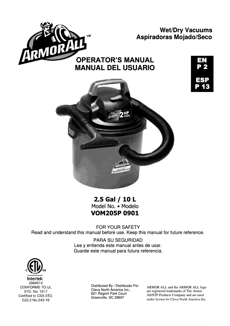 Page n°1 - Manuel utilisateur Armor All VOM205P