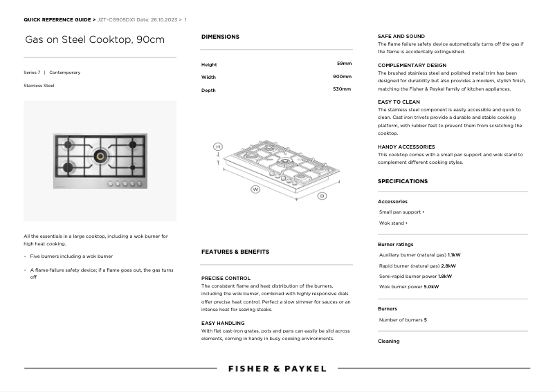 Page 1 de la notice Manuel utilisateur Fisher & Paykel JZT-CG905DX1