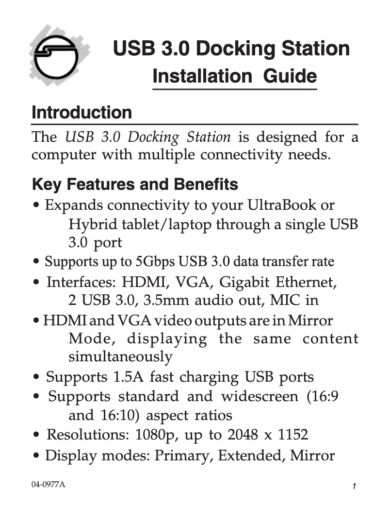 Page 1 de la notice Manuel utilisateur Siig JU-DK0311-S1
