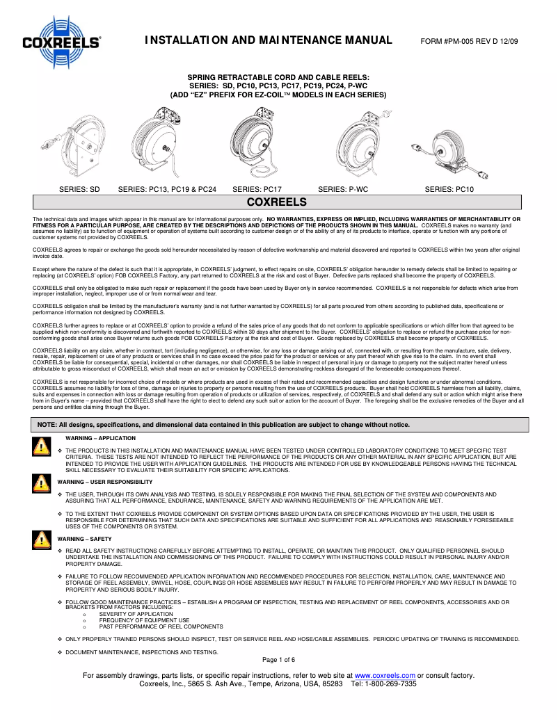 Page 1 de la notice Manuel utilisateur Coxreels PC10L-3012