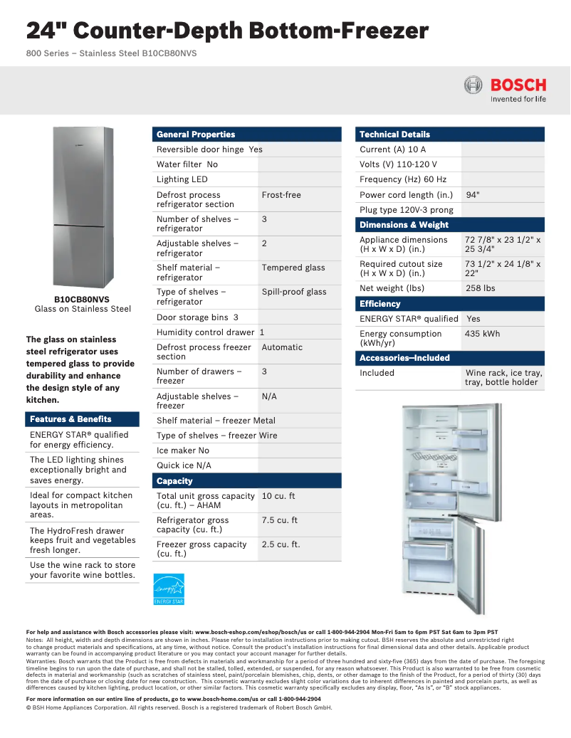 Page 1 de la notice Fiche technique Bosch B10CB80NVS