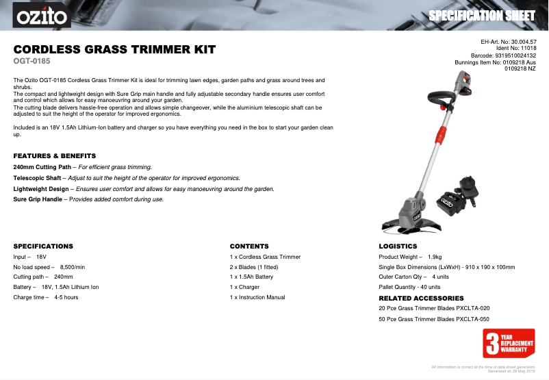 Page 1 de la notice Fiche technique Ozito OGT-0185