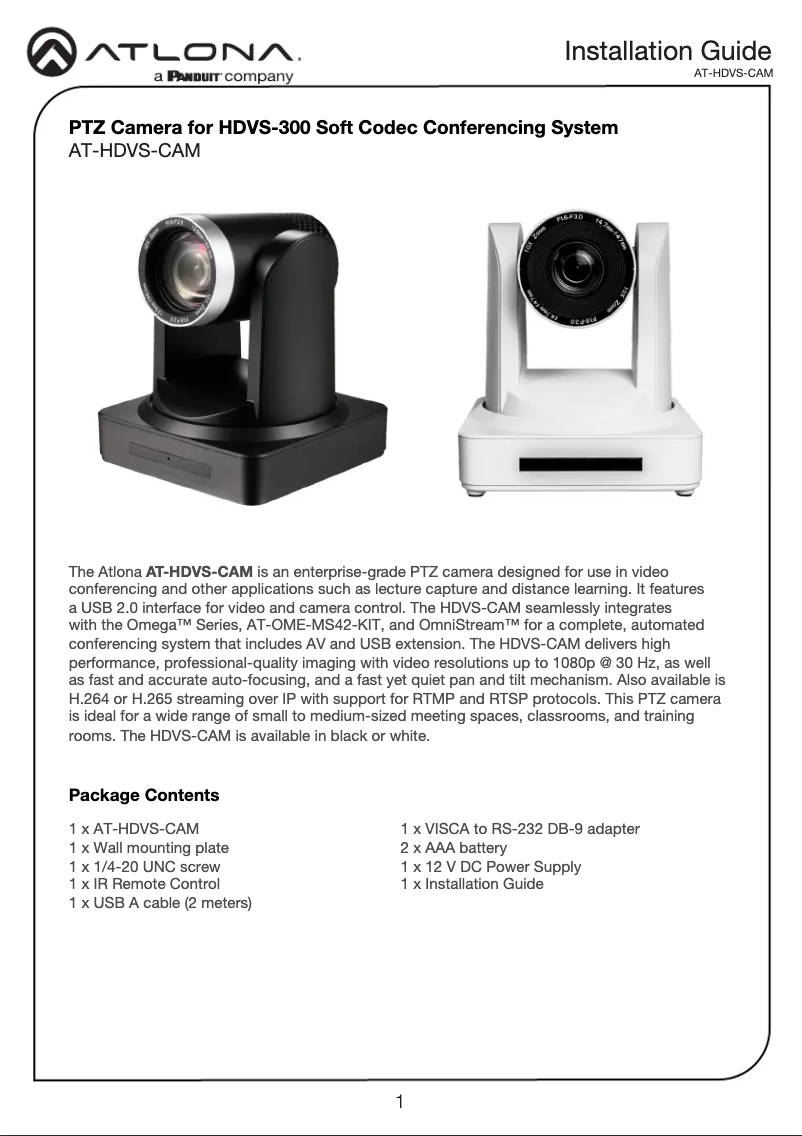Page 1 de la notice Guide d'installation Atlona AT-HDVS-CAM