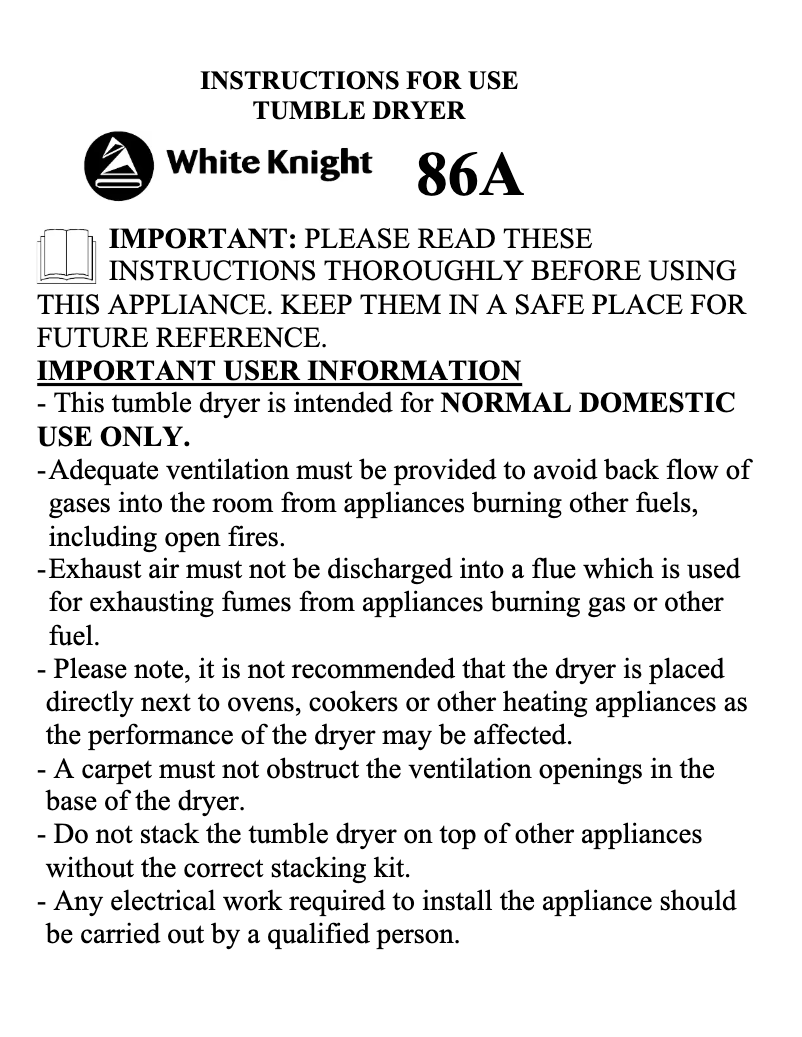 Page n°1 - Manuel utilisateur White Knight C86A7W