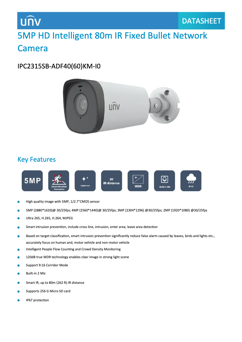 Page 1 de la notice Fiche technique UniView IPC2315SB-ADF40(60)KM-I0