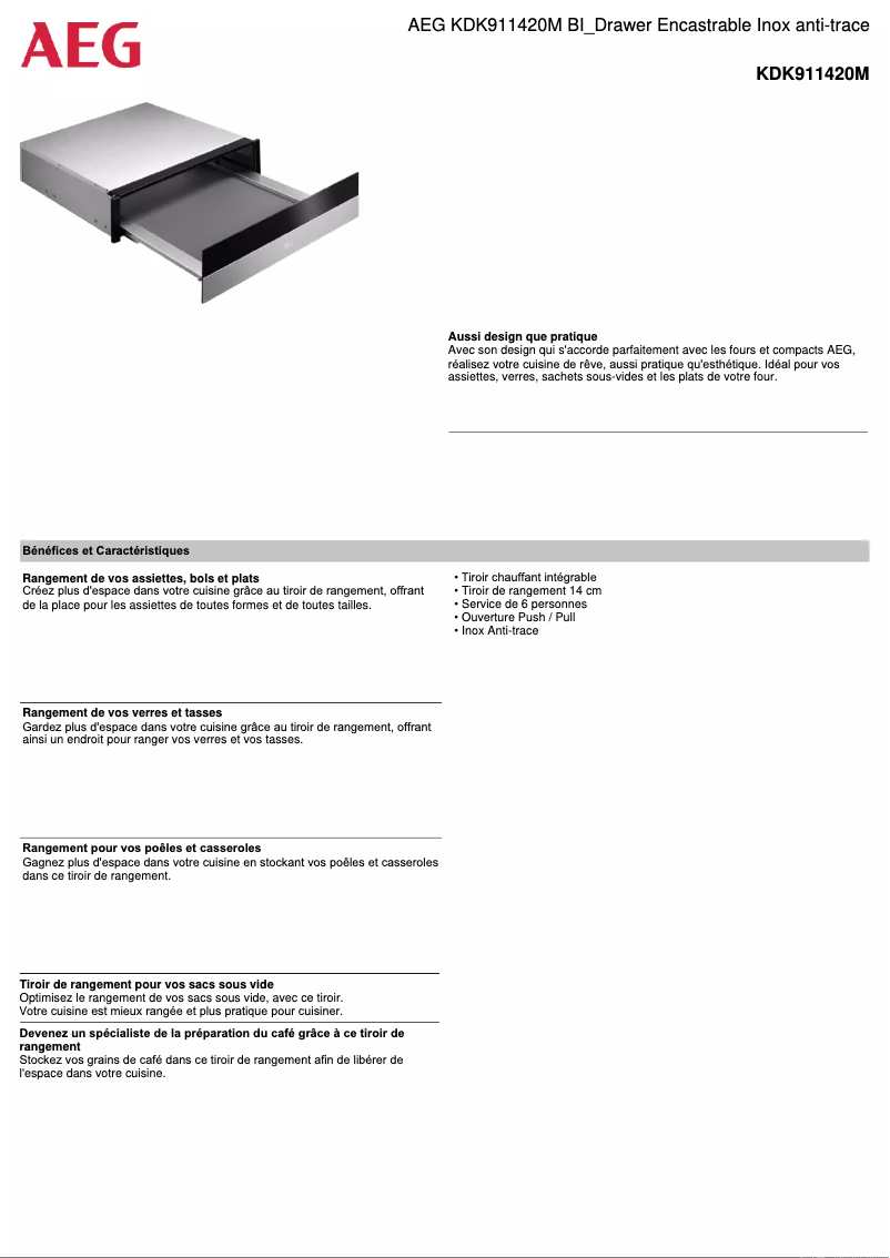 Page 1 de la notice Fiche technique AEG KDK911420M
