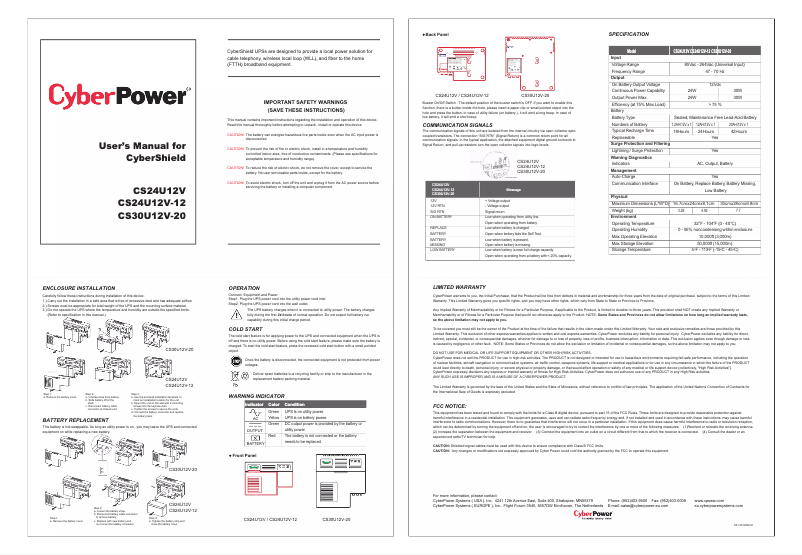 Imagen de la primera página del manual del dispositivo CyberShield FTTx CS30U12V-20