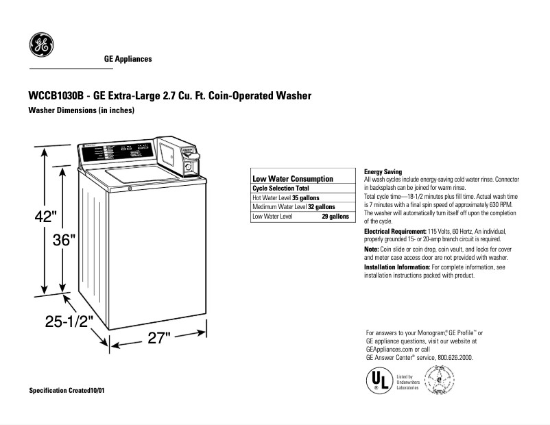 Page n°1 - Fiche technique GE WCCB1030BKC