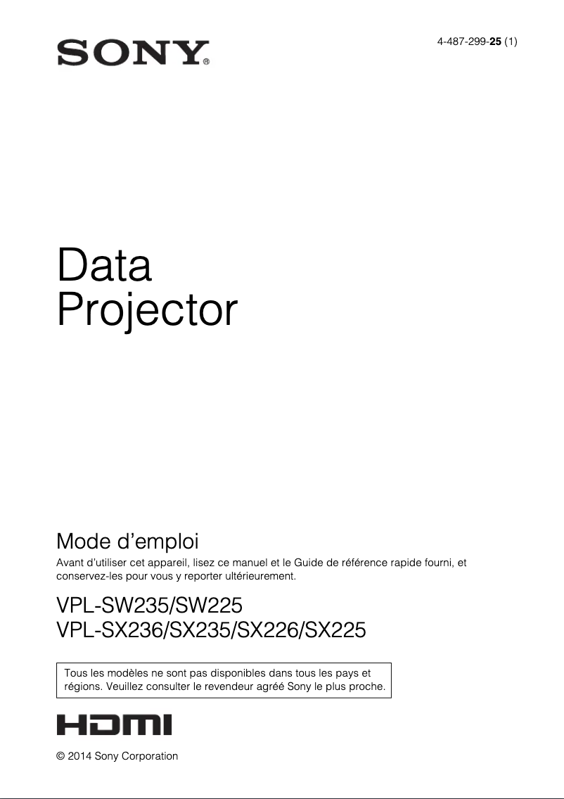 Page 1 de la notice Manuel utilisateur Sony VPL-SW225