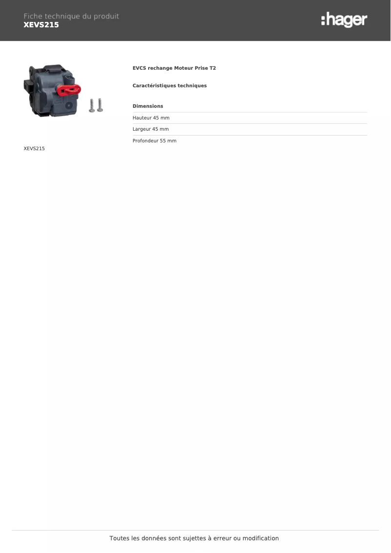 Page n°1 - Fiche technique Hager XEVS215