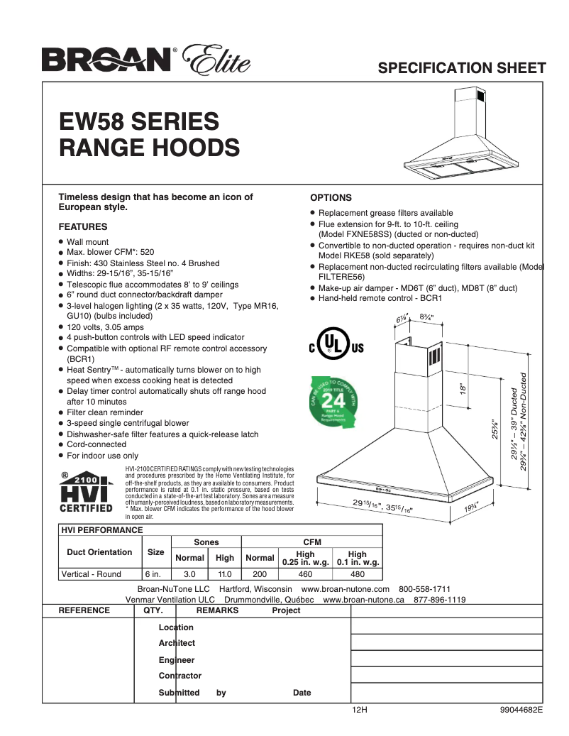 Page 1 de la notice Fiche technique Broan Elite EW5830SS