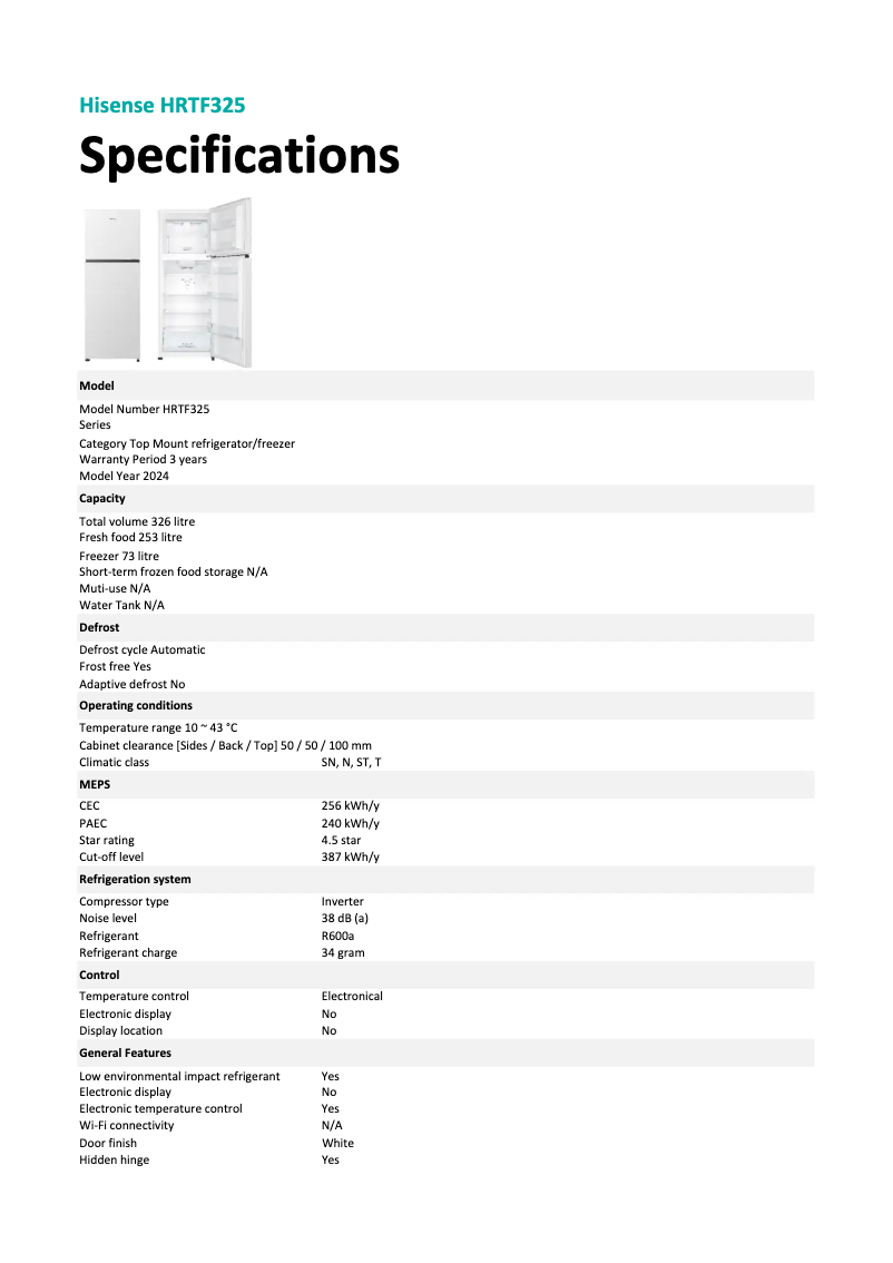 Page 1 de la notice Fiche technique Hisense HRTF325