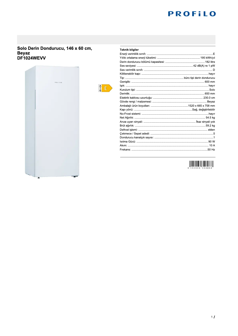 Page 1 de la notice Fiche technique Profilo DF1024WEVV