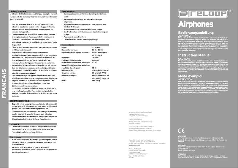 Page 1 de la notice Manuel utilisateur Reloop Airphones