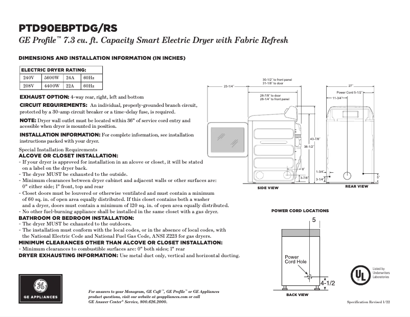 Página 1 del manual Ficha técnica GE Profile PTD90EBPTRS