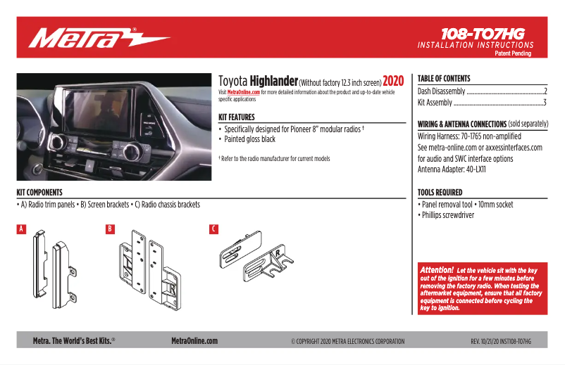 Page 1 de la notice Manuel utilisateur Metra 108-TO7HG