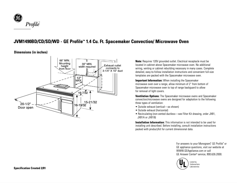Página 1 del manual Ficha técnica GE JVM1490CD
