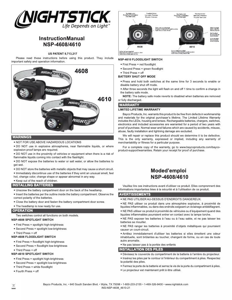 Page 1 de la notice Manuel utilisateur NightStick NSP-4610C