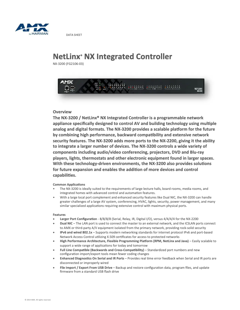 Page n°1 - Fiche technique AMX NetLinx NX-3200