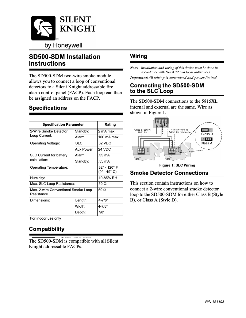 Page 1 de la notice Manuel utilisateur Silent Knight SD500-SDM