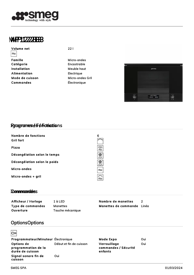 Page 1 de la notice Fiche technique Smeg MP122B3