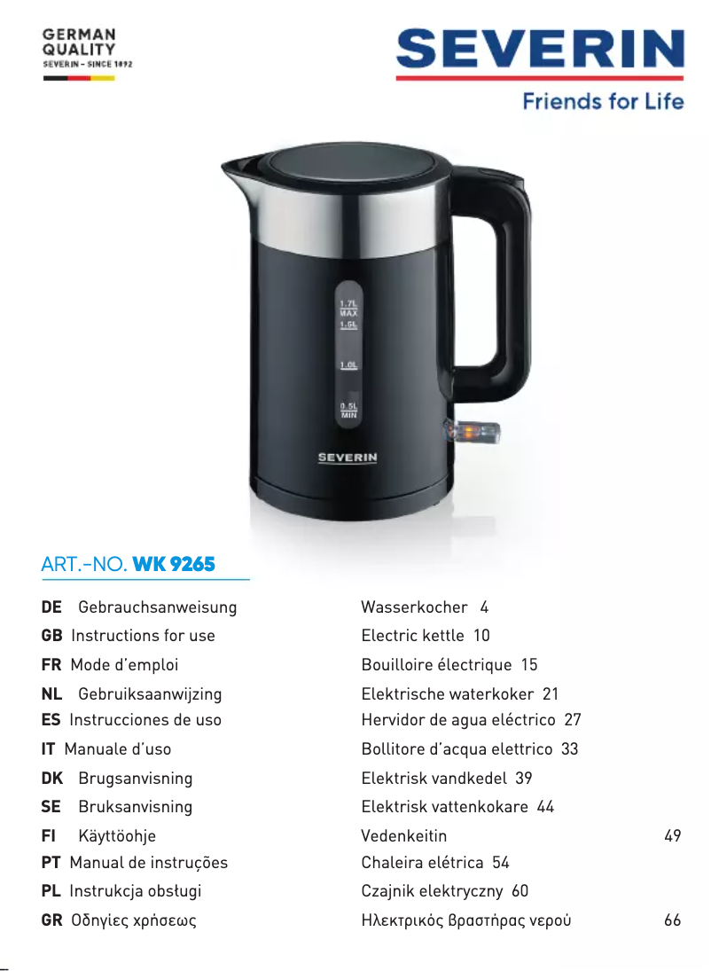 Page n°1 - Manuel utilisateur Severin WK 9265