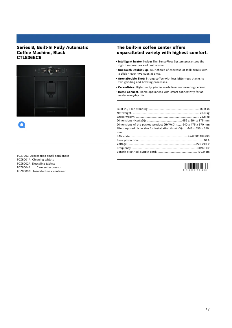 Page 1 de la notice Fiche technique Bosch AccentLine CTL836EC6