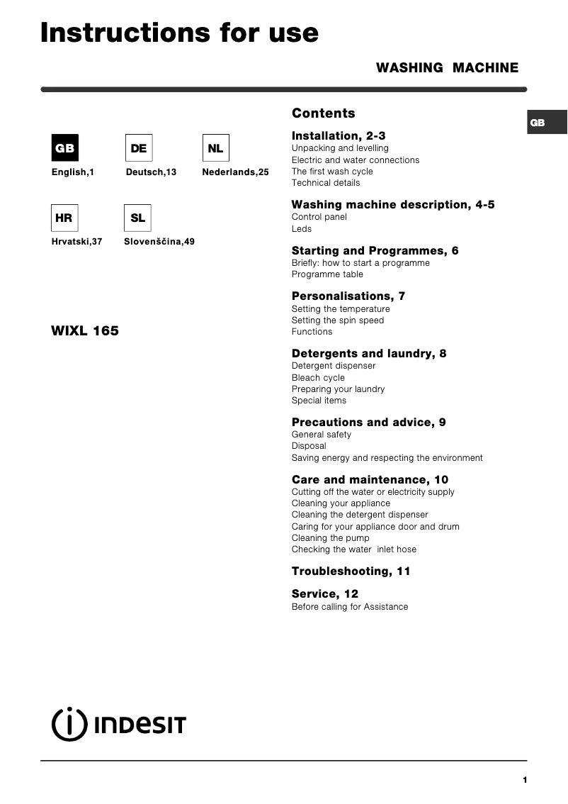 Page 1 de la notice Manuel utilisateur Indesit WIXL 165