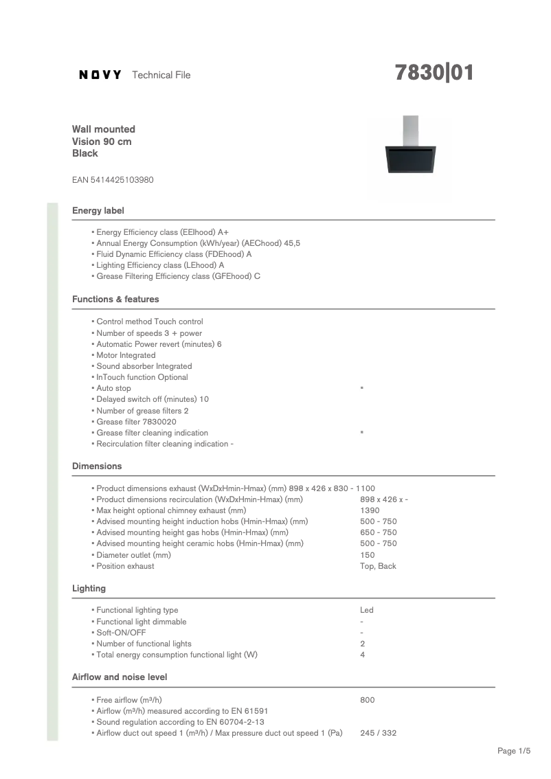 Page 1 de la notice Fiche technique Novy Vision 7830
