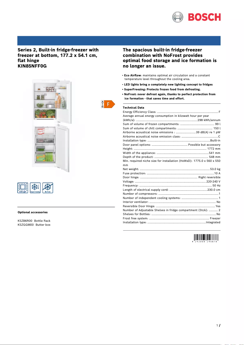 Página 1 del manual Ficha técnica Bosch Serie 2 KIN85NFF0G