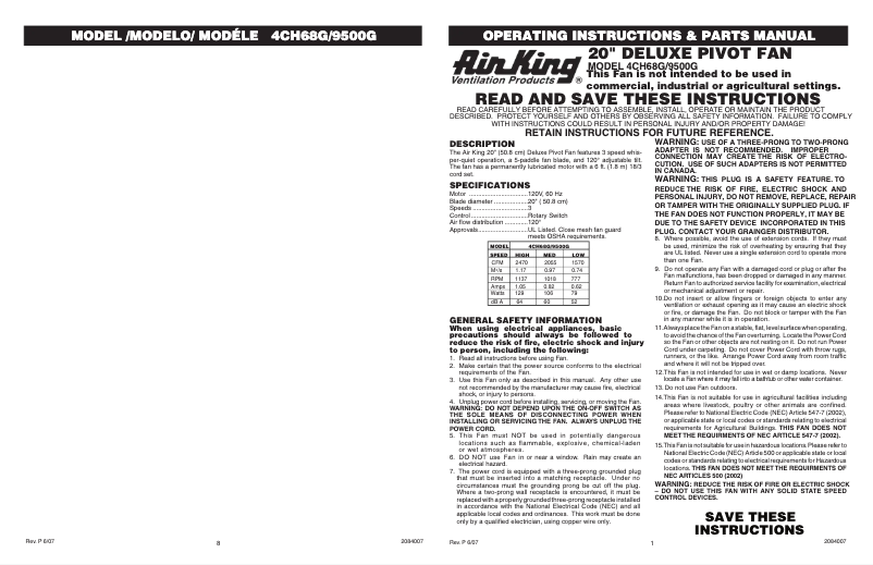 Page 1 de la notice Manuel utilisateur Air King 9500