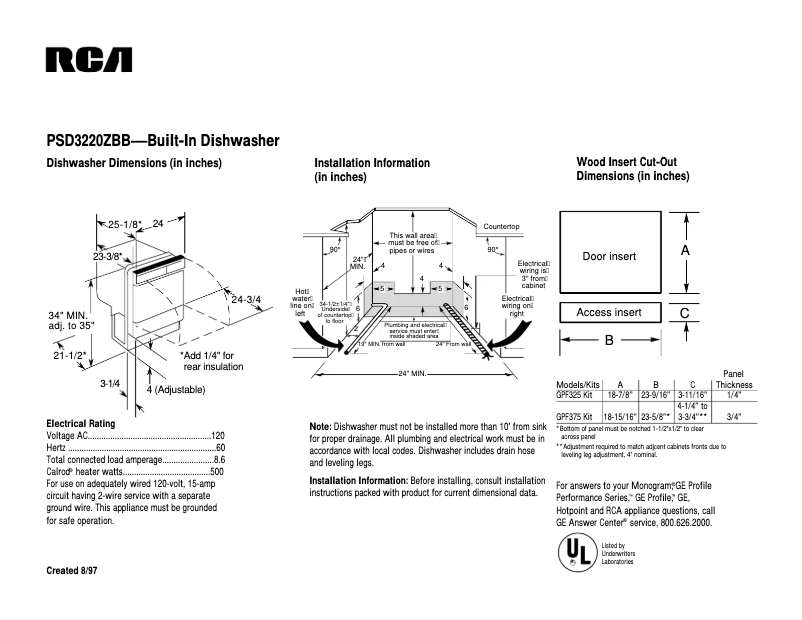 Page 1 de la notice Fiche technique RCA PSD3220ZBB