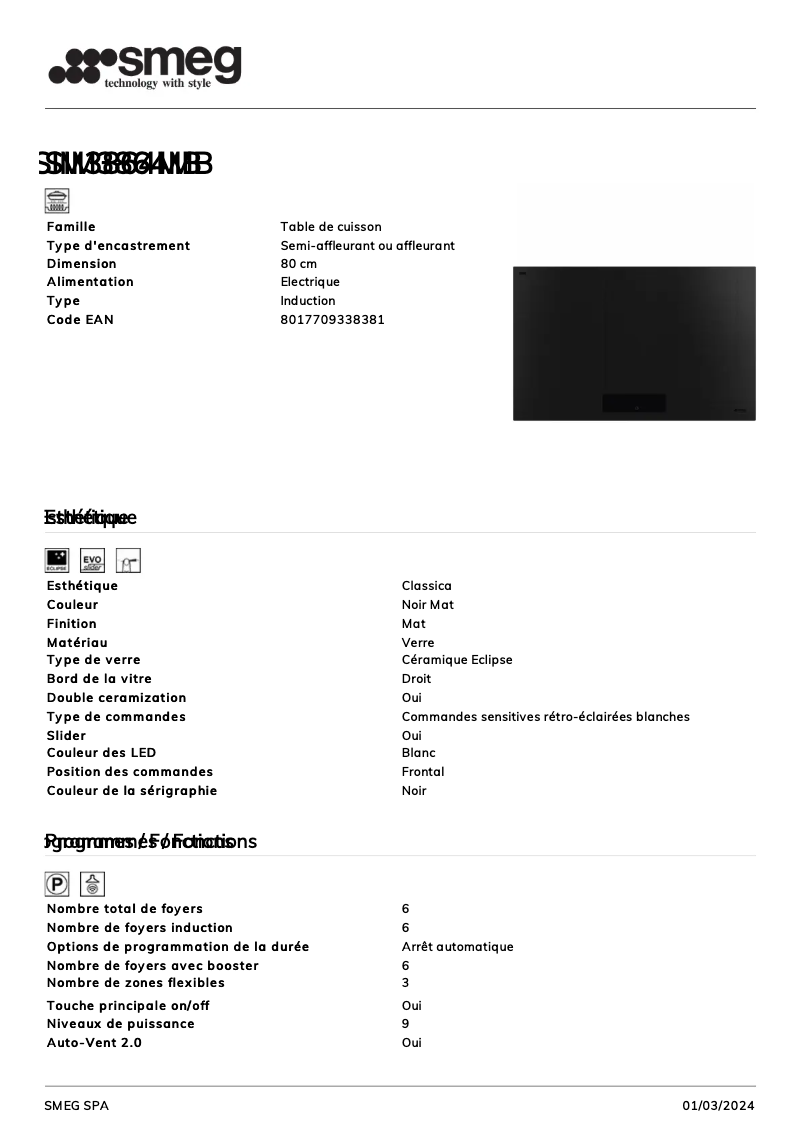 Page 1 de la notice Fiche technique Smeg SIM3864MB