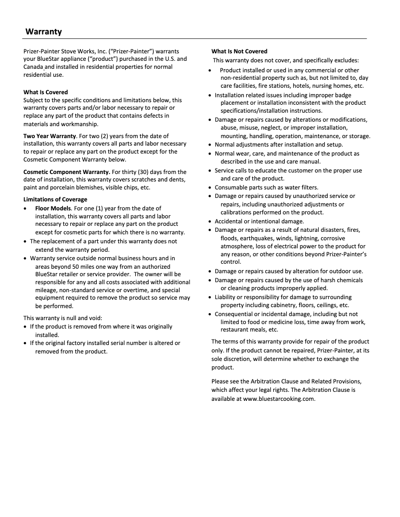 Page 1 de la notice Informations de garantie BlueStar FBFD361PB