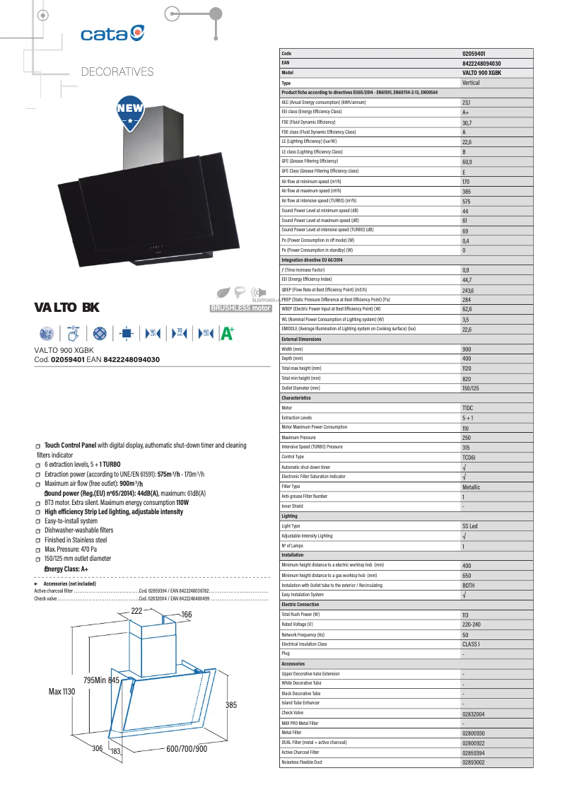 Page 1 de la notice Fiche technique CATA VALTO BK