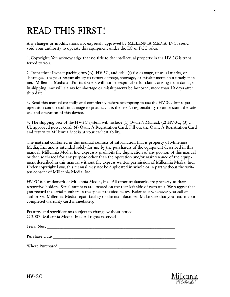 Image de la première page du manuel de l'appareil HV-3C