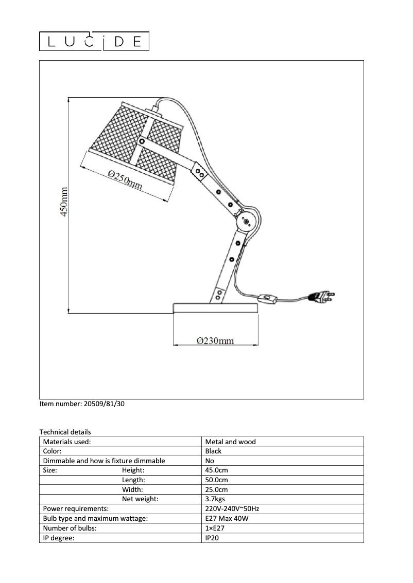 Page 1 de la notice Manuel utilisateur Lucide Aldgate 20509/81/30