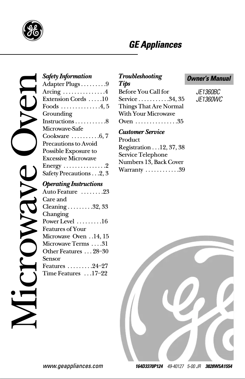 Image de la première page du manuel de l'appareil Profile JE1360WC