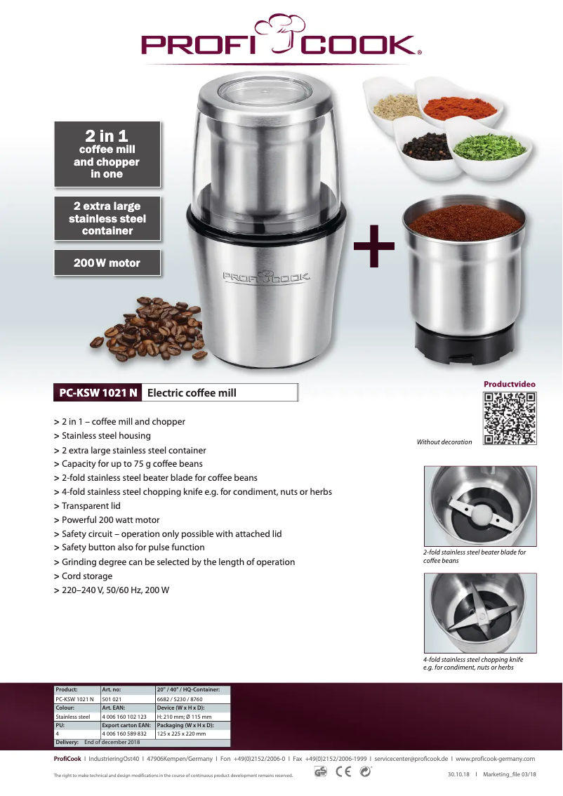 Page 1 de la notice Fiche technique ProfiCook PC-KSW 1021