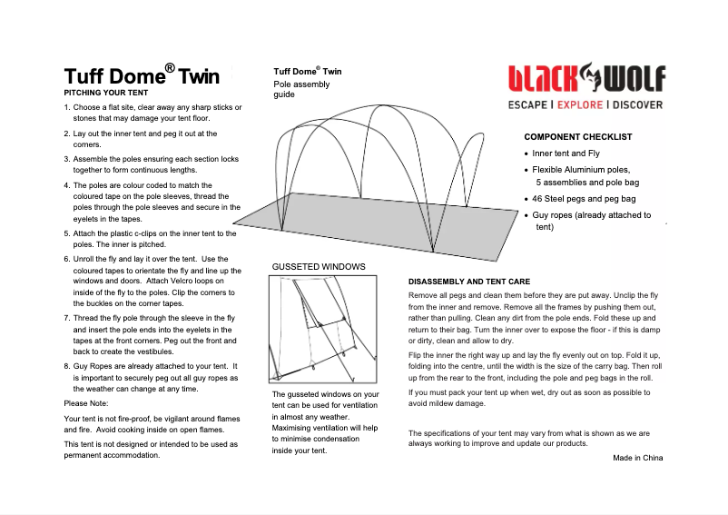 Page 1 de la notice Manuel utilisateur Black Wolf Tuff Dome Twin