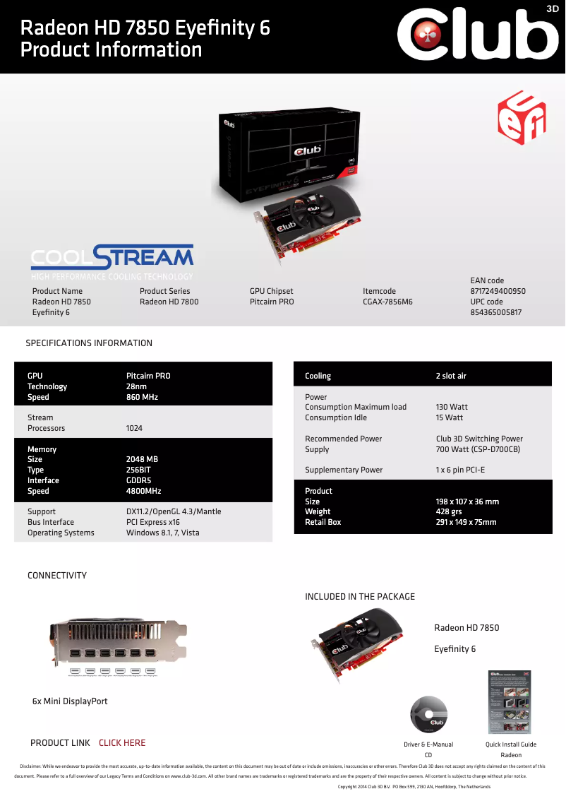 Page n°1 - Manuel utilisateur CLUB3D Radeon HD 7850 Eyefinity 6