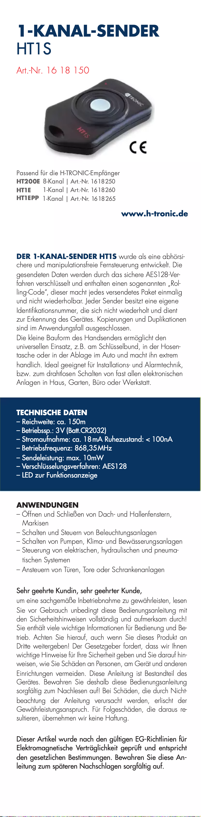 Page 1 de la notice Manuel utilisateur H-Tronic HT1S