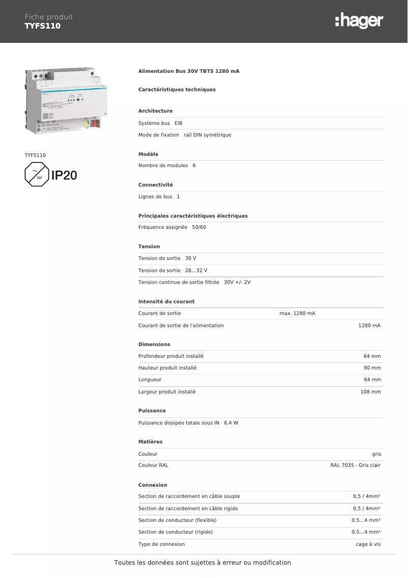 Page 1 de la notice Fiche technique Hager TYFS110
