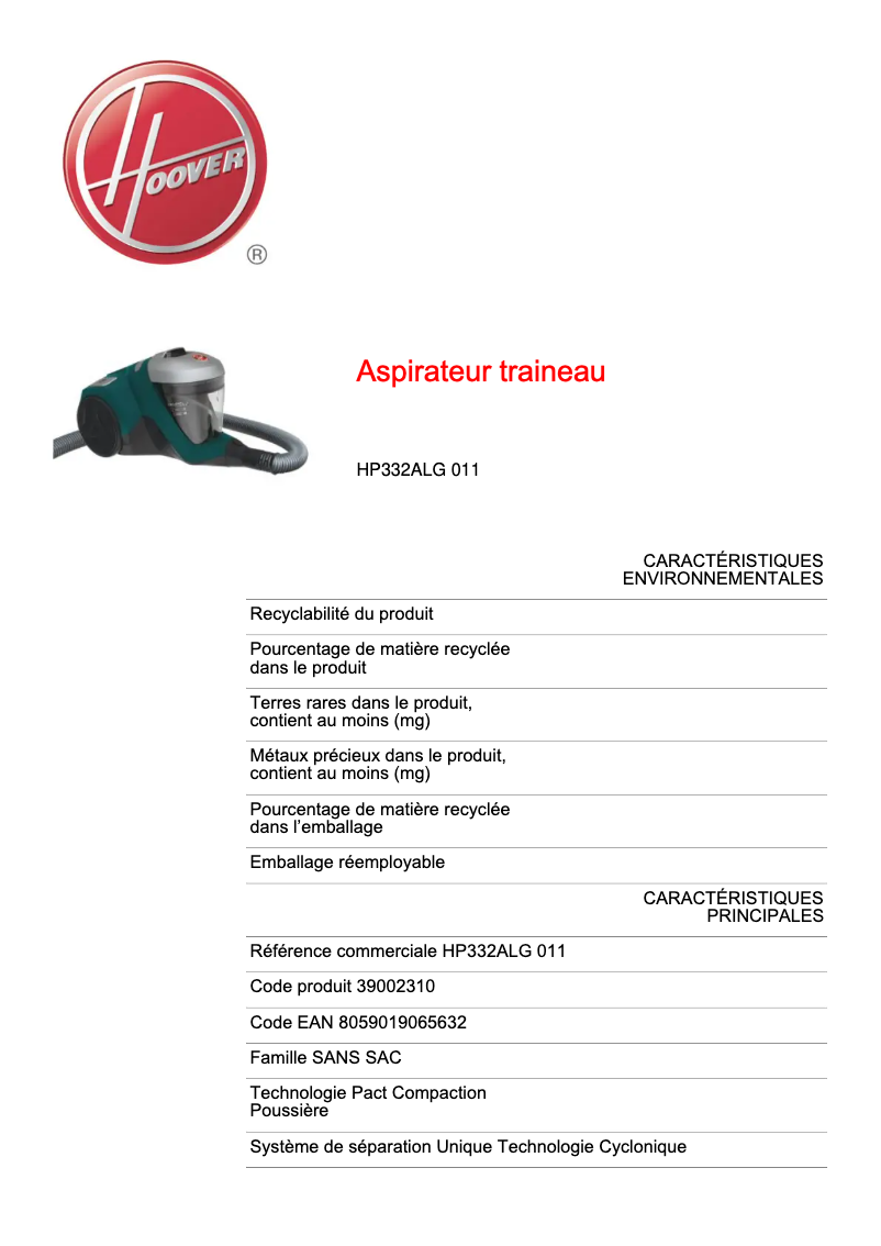 Page n°1 - Fiche technique Hoover H-POWER 300 HP332ALG 011