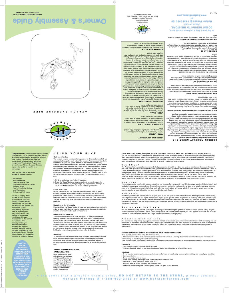 Page n°1 - Manuel utilisateur Horizon Fitness Avalon