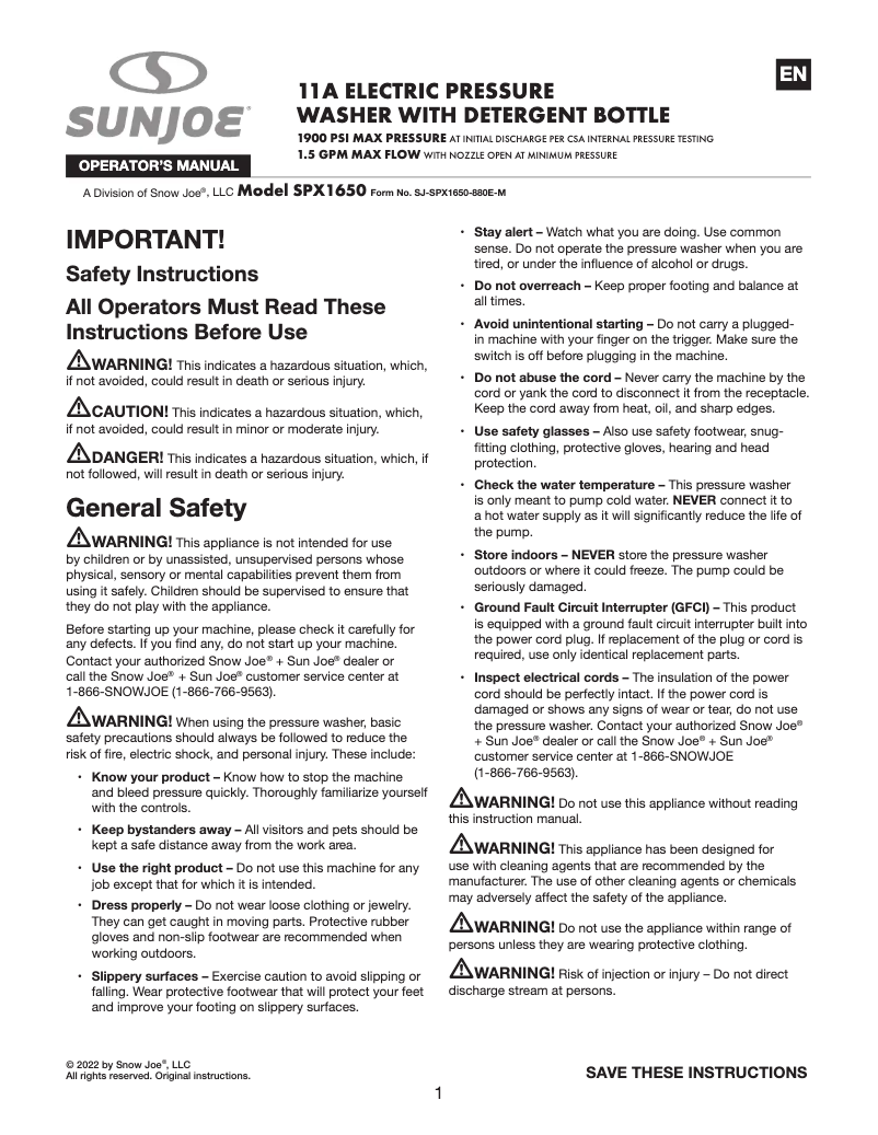 Page 1 de la notice Manuel utilisateur Sun Joe SPX1650